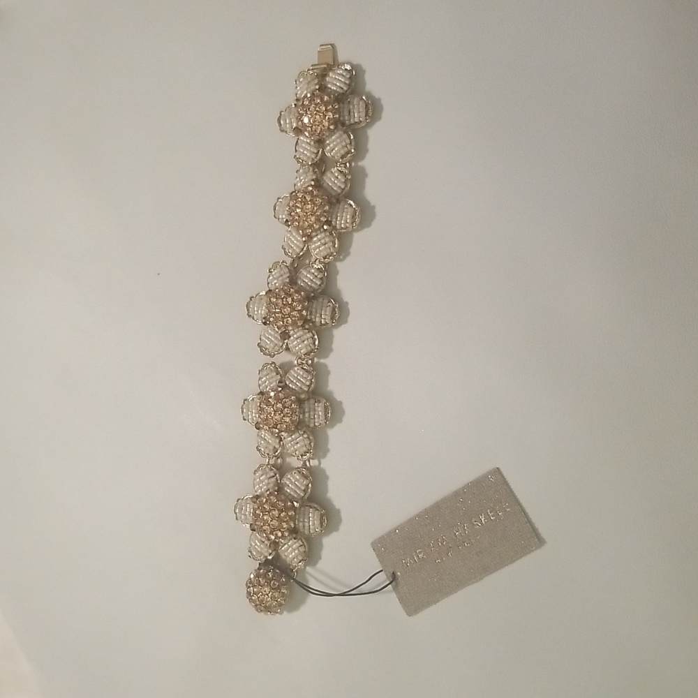 Women's Miriam Haskell Bracelet; White and Gold Beaded and Rhinestones; Size  7"
